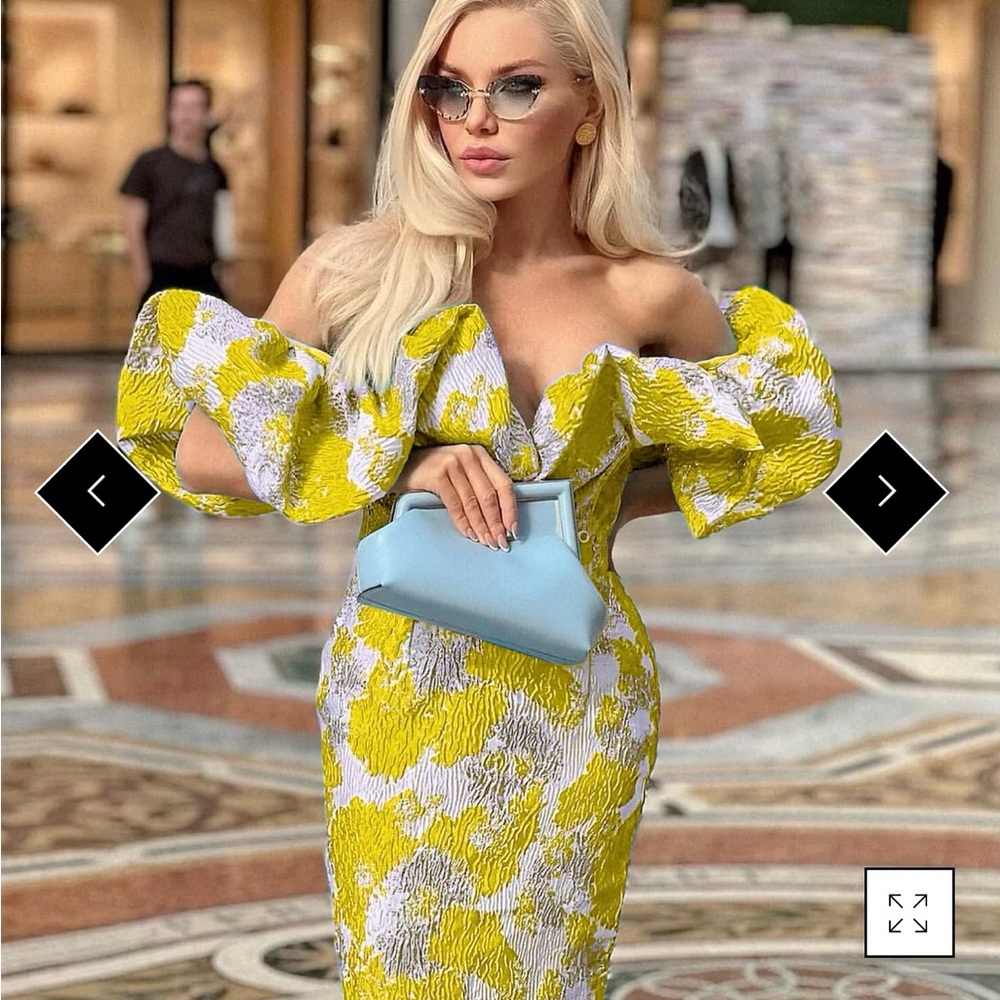 YELLOW Puff Sleeve Brocade Dress